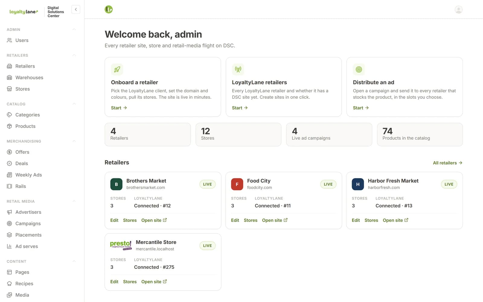 The DSC Admin dashboard: retailers, stores, live campaigns and quick actions