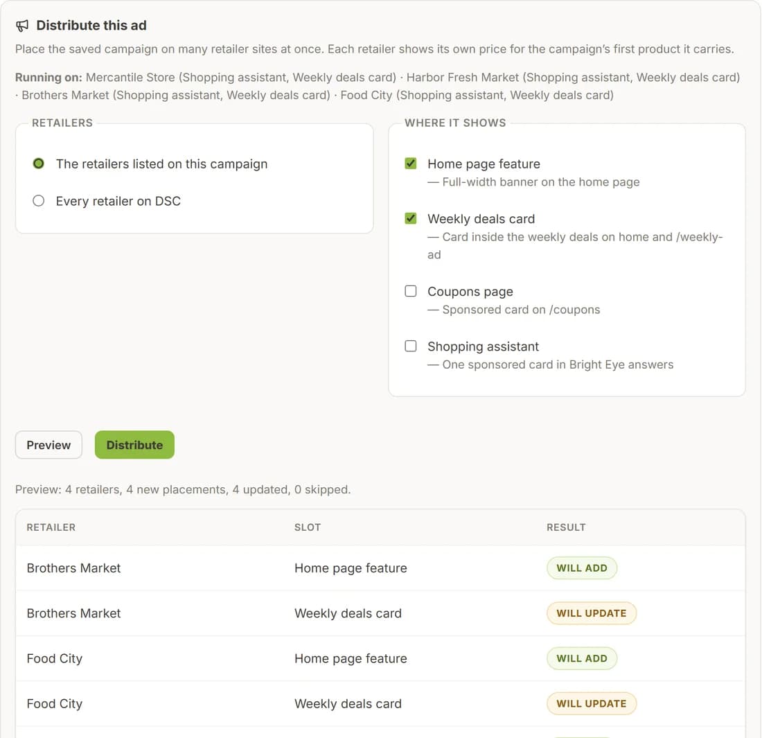 Distributing a campaign: choose retailers and placements, preview what each retailer will show
